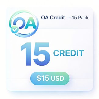 OA Credit 15 Pack, 15 digital credits, $15 USD.